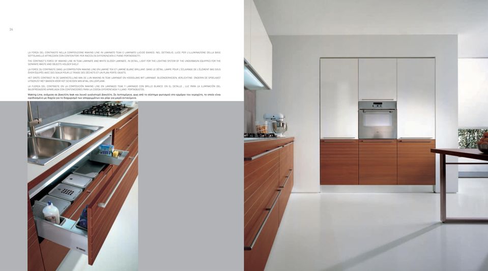 THE CONTRAST S FORCE OF MAKING LINE IN TEAK LAMINATE AND WHITE GLOSSY LAMINATE. IN DETAIL, LIGHT FOR THE LIGHTING SYSTEM OF THE UNDERBASIN EQUIPPED FOR THE SEPARATE WASTE AND OBJECTS HOLDER SHELF.