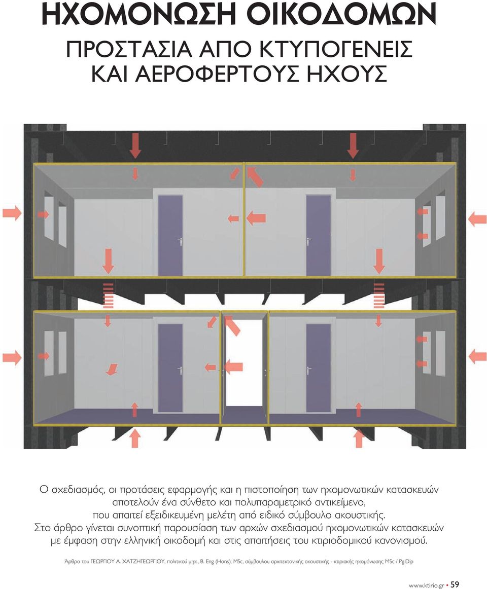 Στο άρθρο γίνεται συνοπτική παρουσίαση των αρχών σχεδιασμού ηχομονωτικών κατασκευών με έμφαση στην ελληνική οικοδομή και στις απαιτήσεις του
