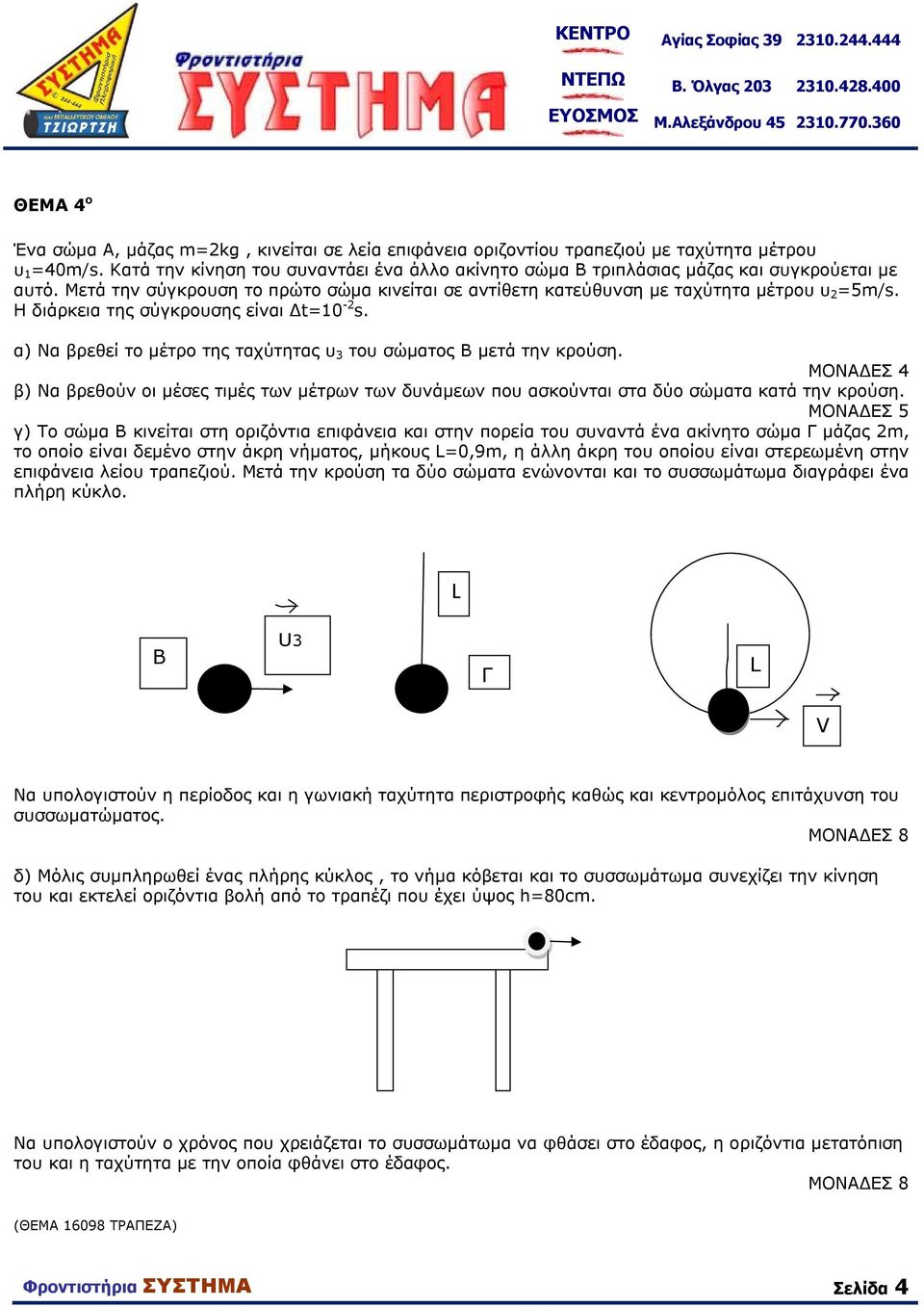 H διάρκεια της σύγκρουσης είναι Δt=10-2 s. α) Να βρεθεί το μέτρο της ταχύτητας υ 3 του σώματος Β μετά την κρούση.