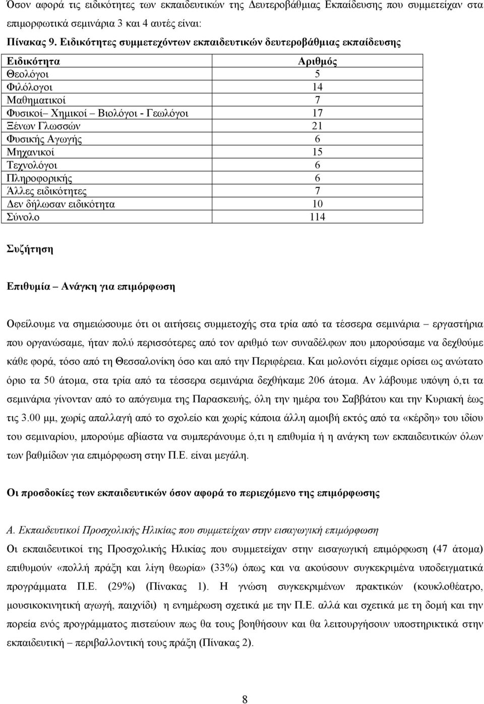 Μηχανικοί 15 Τεχνολόγοι 6 Πληροφορικής 6 Άλλες ειδικότητες 7 εν δήλωσαν ειδικότητα 10 Σύνολο 114 Συζήτηση Επιθυµία Ανάγκη για επιµόρφωση Οφείλουµε να σηµειώσουµε ότι οι αιτήσεις συµµετοχής στα τρία