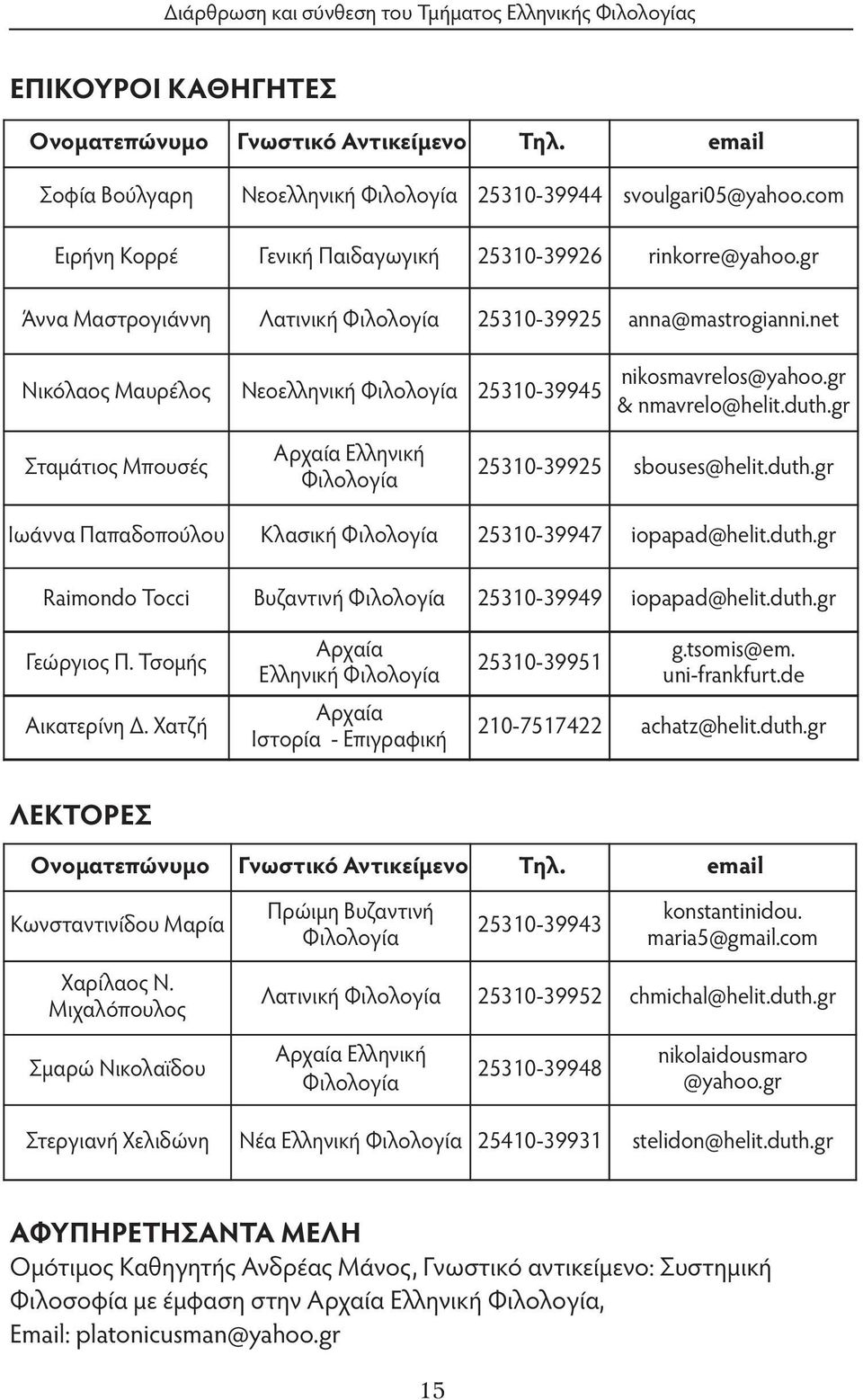net Νικόλαος Μαυρέλος Νεοελληνική Φιλολογία 25310-39945 nikosmavrelos@yahoo.gr &nmavrelo@helit.duth.gr Σταμάτιος Μπουσές Αρχαία Ελληνική Φιλολογία 25310-39925 sbouses@helit.duth.gr Ιωάννα Παπαδοπούλου Κλασική Φιλολογία 25310-39947 iopapad@helit.