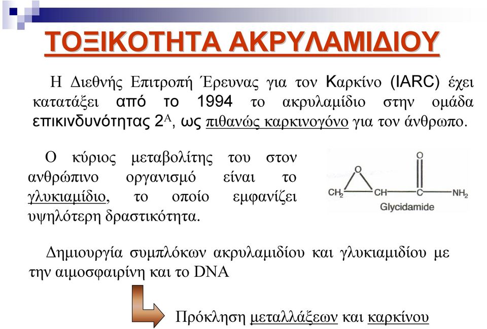 Ο κύριος μεταβολίτης του στον ανθρώπινο οργανισμό είναι το γλυκιαμίδιο, το οποίο εμφανίζει