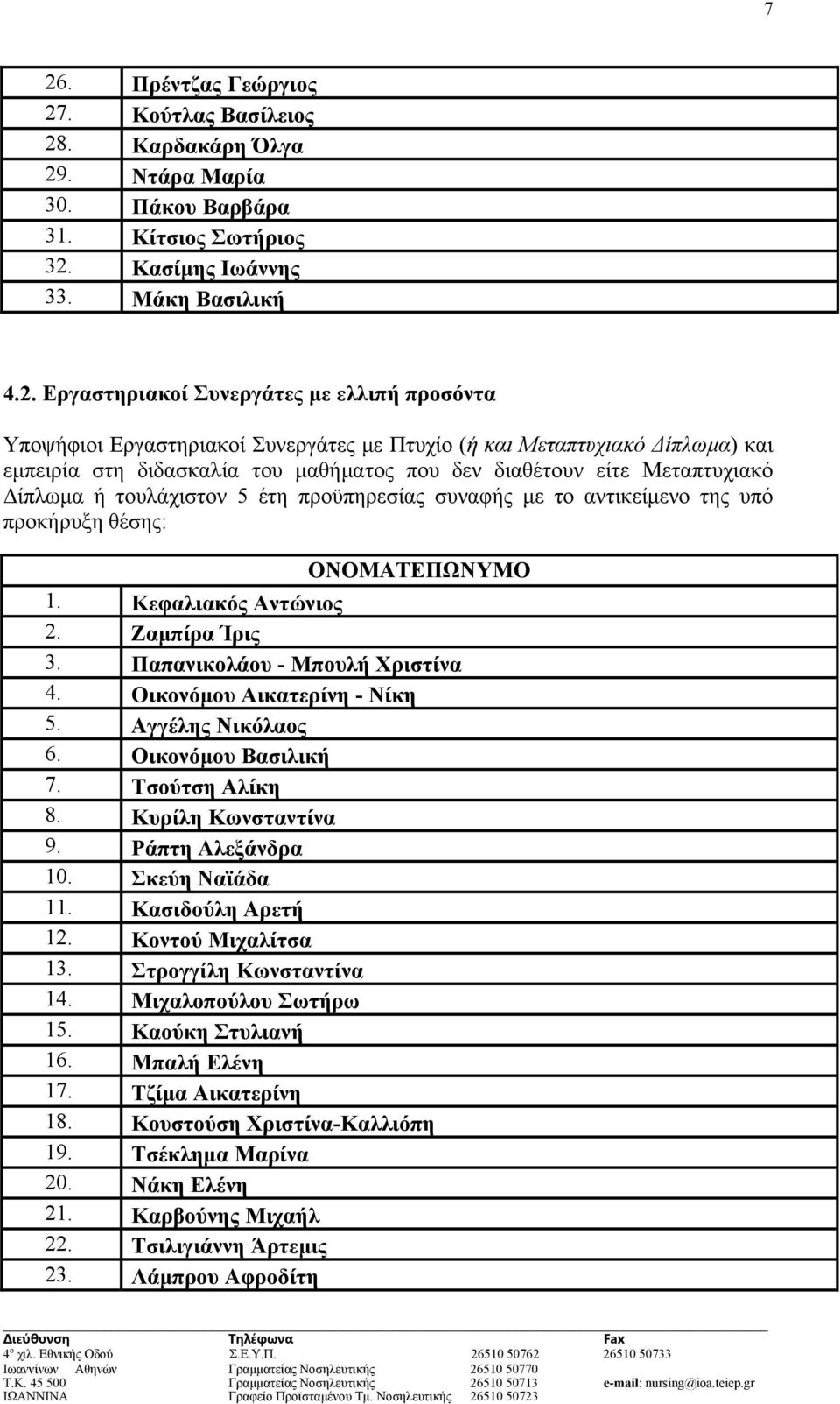 προϋπηρεσίας συναφής με το αντικείμενο της υπό προκήρυξη θέσης: 1. Κεφαλιακός Αντώνιος 2. Ζαμπίρα Ίρις 3. Παπανικολάου - Μπουλή Χριστίνα 4. Οικονόμου Αικατερίνη - Νίκη 5. Αγγέλης Νικόλαος 6.