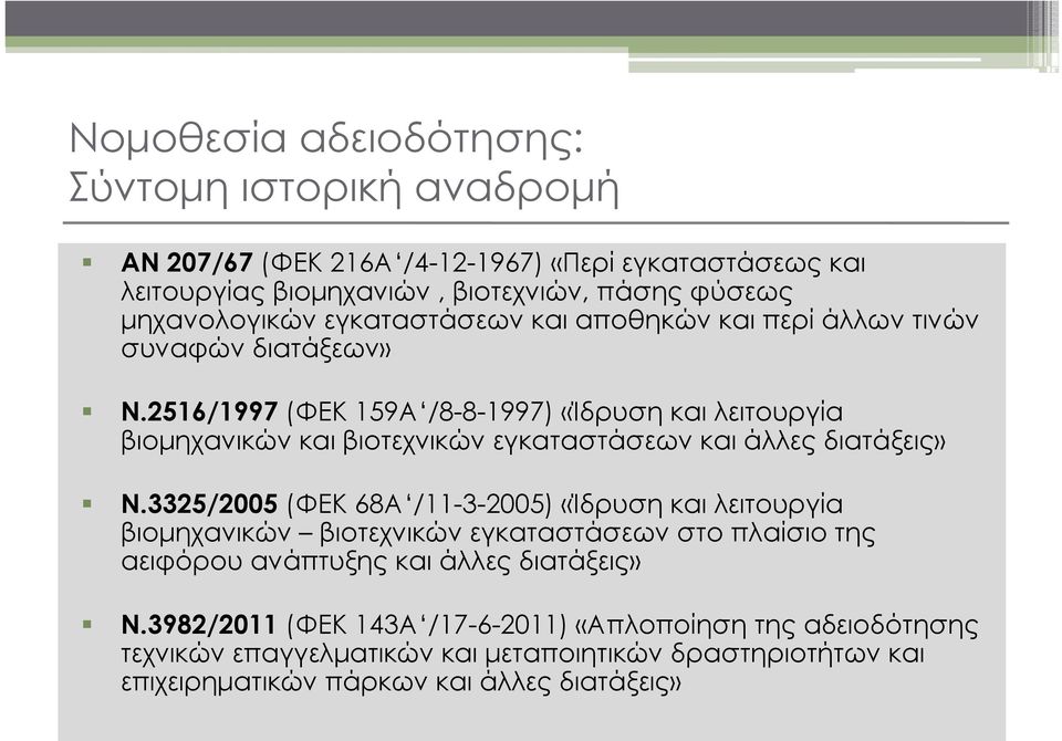 2516/1997 (ΦΕΚ 159Α /8-8-1997) «Ίδρυση και λειτουργία βιομηχανικών και βιοτεχνικών εγκαταστάσεων και άλλες διατάξεις» Ν.