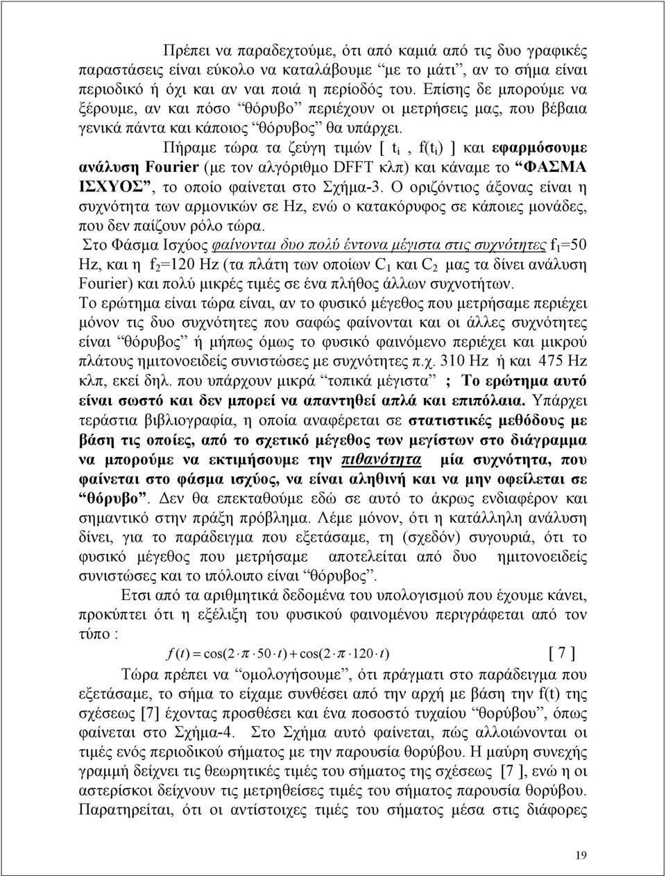 Πήραμε τώρα τα ζεύγη τιμών [ t i, f(t i ) ] και εφαρμόσουμε ανάλυση Fourier (με τον αλγόριθμο DFFT κλπ) και κάναμε το ΦΑΣΜΑ ΙΣΧΥΟΣ, το οποίο φαίνεται στο Σχήμα-3.