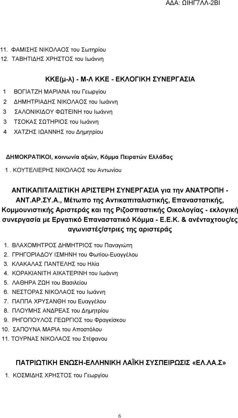 ΧΑΤΖΗΣ ΙΩΑΝΝΗΣ του Δημητρίου ΔΗΜΟΚΡΑΤΙΚΟΙ, κοινωνία αξιών, Κόμμα Πειρατών Ελλάδας 1. ΚΟΥΤΕΛΙΕΡΗΣ ΝΙΚΟΛΑΟΣ του Αντωνίου ΑΝΤΙΚΑΠΙΤΑΛΙΣΤΙΚΗ ΑΡΙΣΤΕΡΗ ΣΥΝΕΡΓΑΣΙΑ για την ΑΝΑΤΡΟΠΗ - ΑΝΤ.ΑΡ.ΣΥ.Α., Μέτωπο της Αντικαπιταλιστικής, Επαναστατικής, Κομμουνιστικής Αριστεράς και της Ριζοσπαστικής Οικολογίας - εκλογική συνεργασία με Εργατικό Επαναστατικό Κόμμα - Ε.