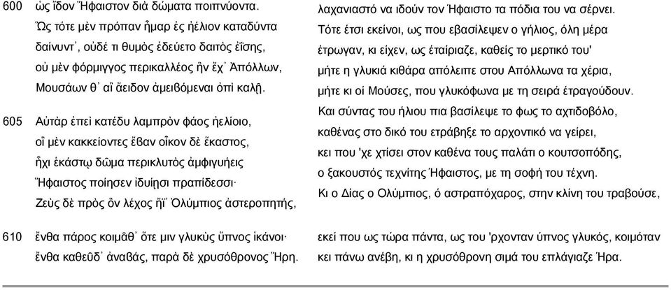 605 Αὐτὰρ ἐπεὶ κατέδυ λαμπρὸν φάος ἠελίοιο, οἳ μὲν κακκείοντες ἔϐαν οἶκον δὲ ἕκαστος, ἧχι ἑκάστῳ δῶμα περικλυτὸς ἀμφιγυήεις Ἥφαιστος ποίησεν ἰδυίῃσι πραπίδεσσι Ζεὺς δὲ πρὸς ὃν λέχος ἤϊ Ὀλύμπιος