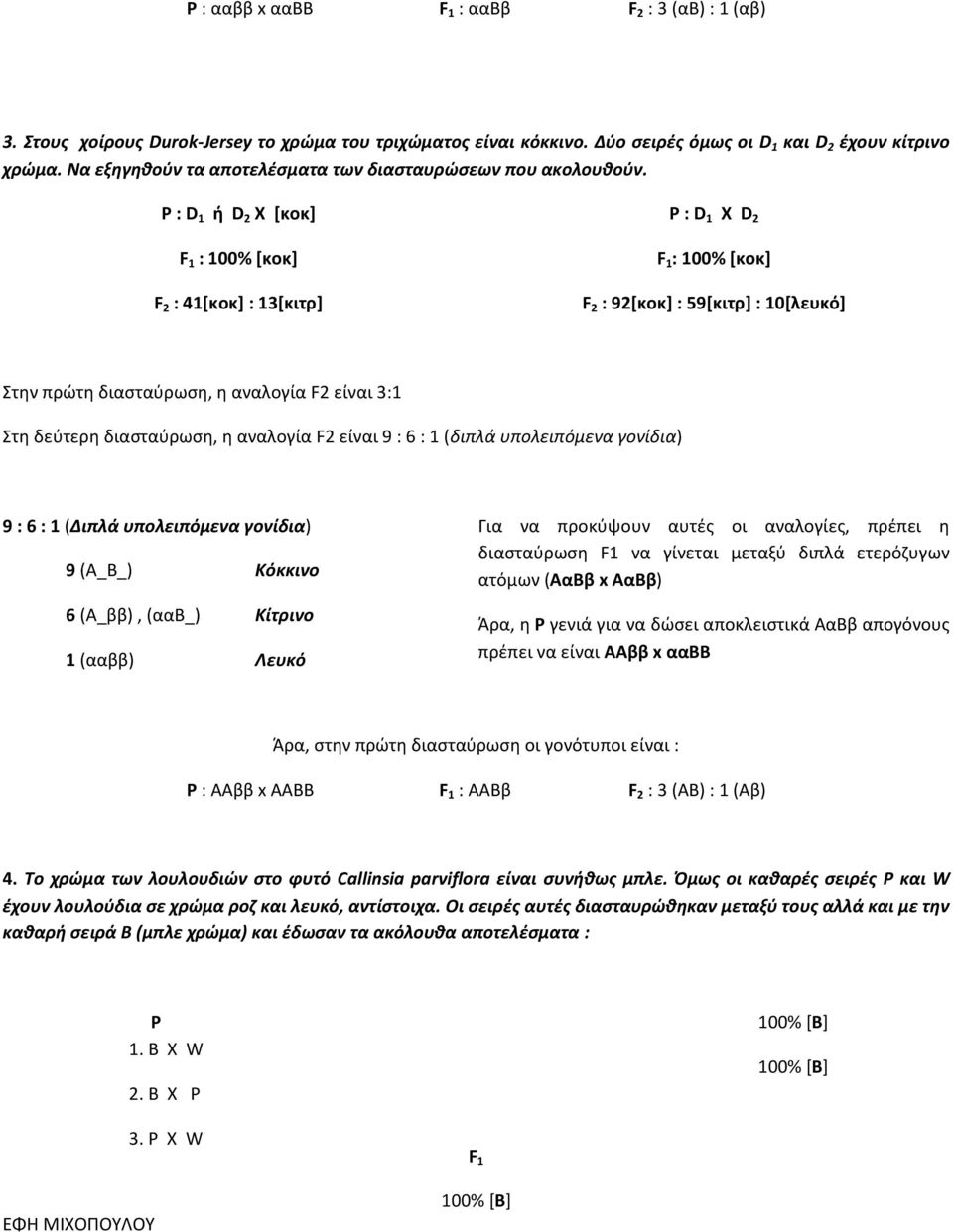 Ρ : D 1 ή D 2 X [κοκ] F 1 : 100% [κοκ] F 2 : 41[κοκ] : 13[κιτρ] P : D 1 X D 2 F 1 : 100% [κοκ] F 2 : 92[κοκ] : 59[κιτρ] : 10[λευκό] Στην πρώτη διασταύρωση, η αναλογία F2 είναι 3:1 Στη δεύτερη