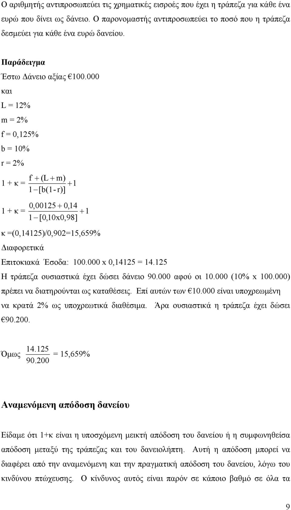 000 και L = 12% m = 2% f = 0,125% b = 10% r = 2% f + (L + m) 1 + κ = + 1 1 [b(1- r)] 0,00125 + 0,14 1 + κ = + 1 1 [0,10x0,98] κ =(0,14125)/0,902=15,659% Διαφορετικά Επιτοκιακά Έσοδα: 100.