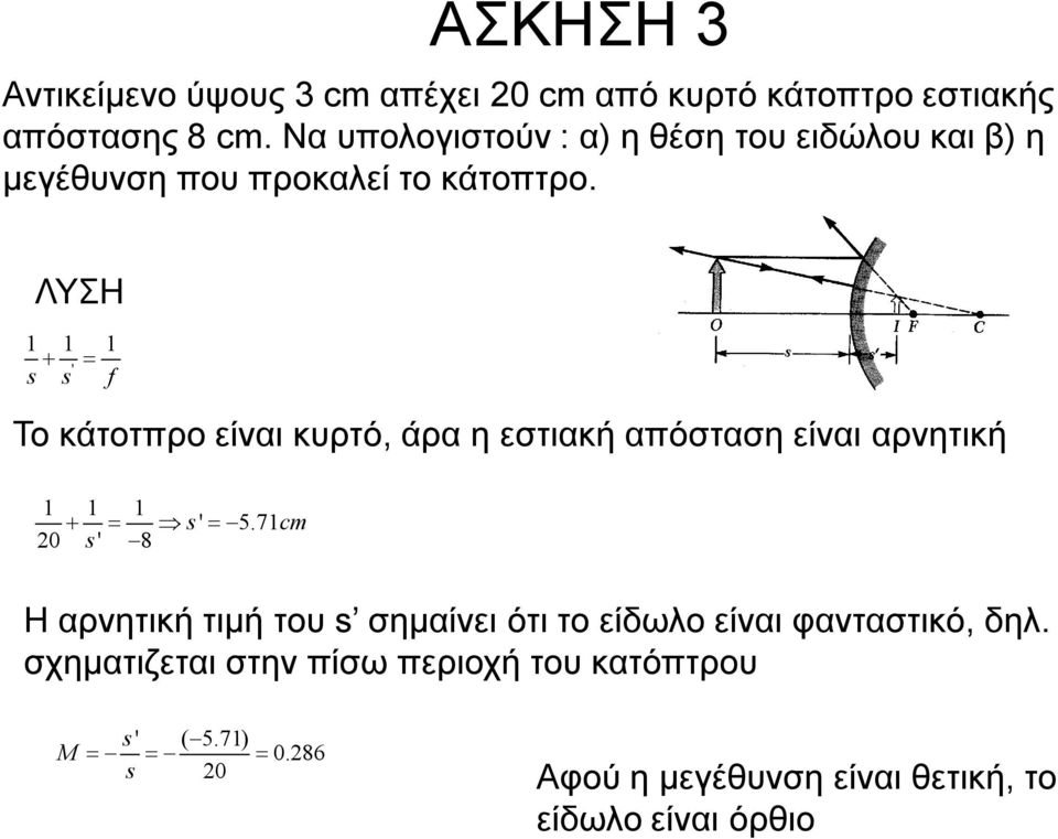 ΛΥΣΗ ' s s f Το κάτοτπρο είναι κυρτό, άρα η εστιακή απόσταση είναι αρνητική fi s' =-5.