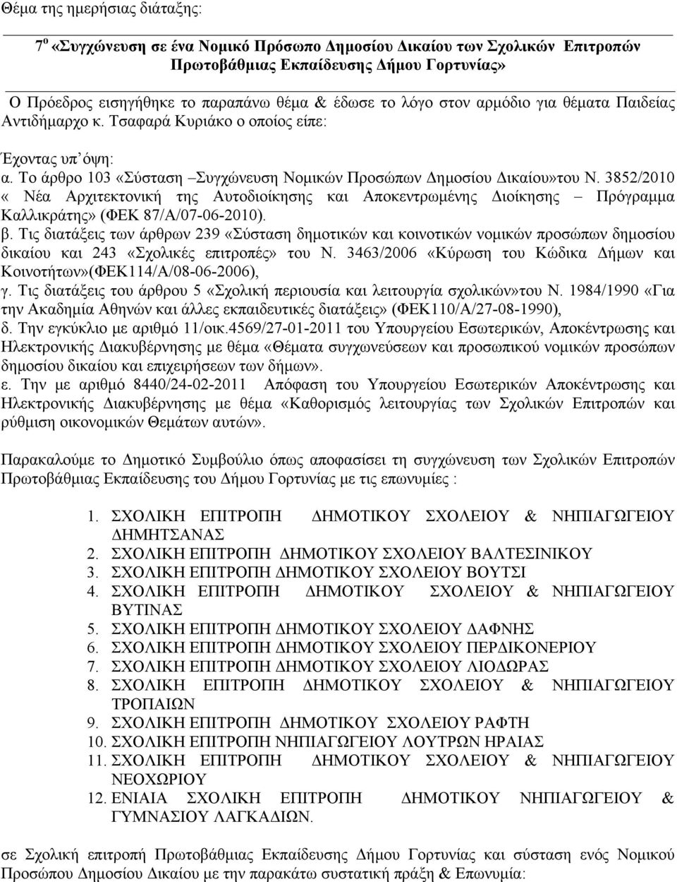 3852/2010 «Νέα Αρχιτεκτονική της Αυτοδιοίκησης και Αποκεντρωμένης Διοίκησης Πρόγραμμα Καλλικράτης» (ΦΕΚ 87/Α/07-06-2010). β.