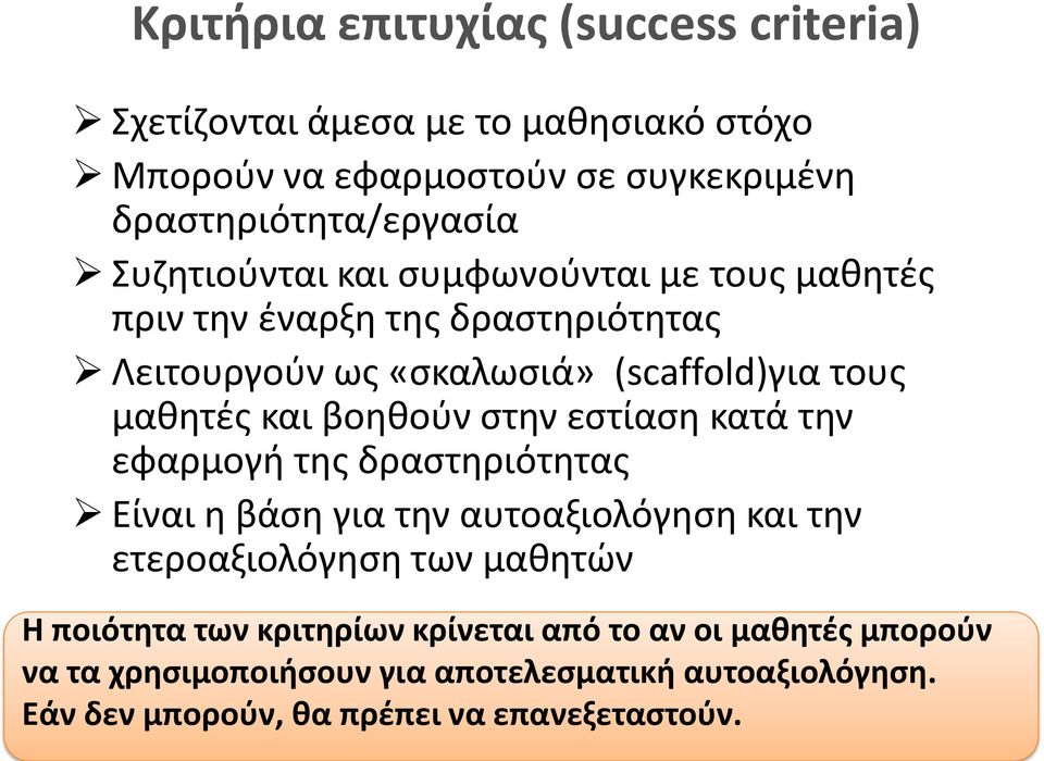 βοηθούν στην εστίαση κατά την εφαρμογή της δραστηριότητας Είναι η βάση για την αυτοαξιολόγηση και την ετεροαξιολόγηση των μαθητών Η ποιότητα