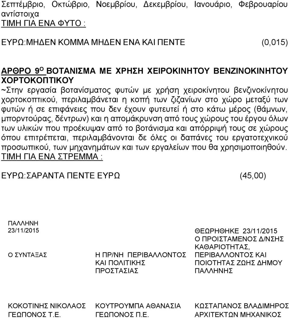 έχουν φυτευτεί ή στο κάτω μέρος (θάμνων, μπορντούρας, δέντρων) και η απομάκρυνση από τους χώρους του έργου όλων των υλικών που προέκυψαν από το βοτάνισμα και απόρριψή τους σε χώρους όπου επιτρέπεται,