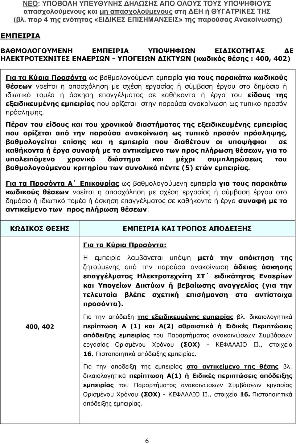 παρούσα ανακοίνωση ως τυπικό προσόν πρόσληψης.