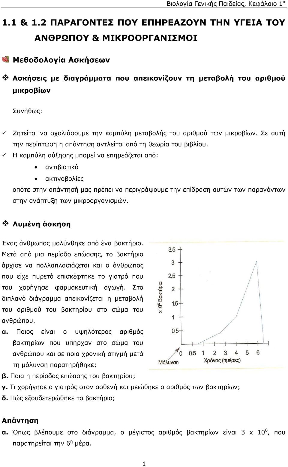 την καµπύλη µεταβολής του αριθµού των µικροβίων. Σε αυτή την περίπτωση η απάντηση αντλείται από τη θεωρία του βιβλίου.