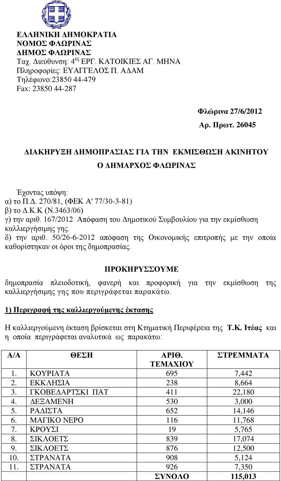 167/2012 Απόφαση του Δημοτικού Συμβουλίου για την εκμίσθωση καλλιεργήσιμης γης. δ) την αριθ. 50/26-6-2012 απόφαση της Οικονομικής επιτροπής με την οποία καθορίστηκαν οι όροι της δημοπρασίας.