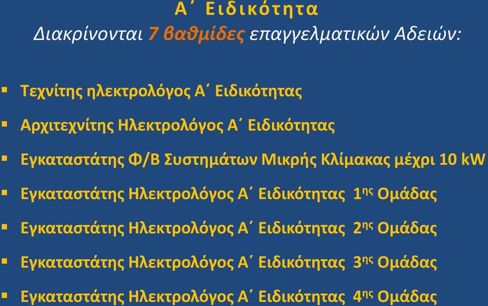 Εγκαταστάτης Ηλεκτρολόγος Α Ειδικότητας 1 ης Ομάδας Εγκαταστάτης Ηλεκτρολόγος Α Ειδικότητας 2 ης