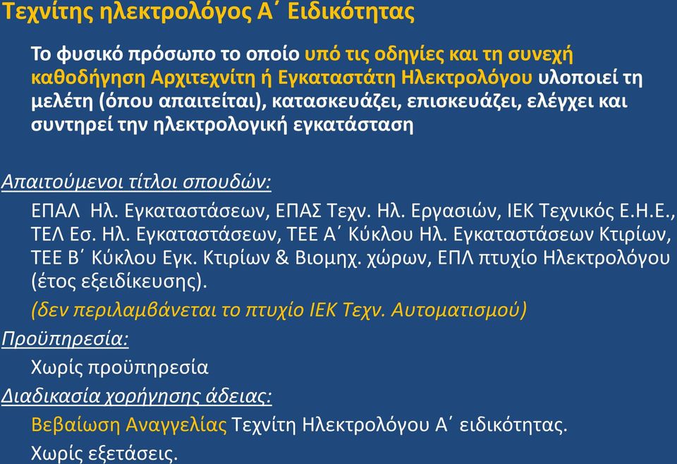 Η.Ε., ΤΕΛ Εσ. Ηλ. Εγκαταστάσεων, ΤΕΕ Α Κύκλου Ηλ. Εγκαταστάσεων Κτιρίων, ΤΕΕ Β Κύκλου Εγκ. Κτιρίων & Βιομηχ. χώρων, ΕΠΛ πτυχίο Ηλεκτρολόγου (έτος εξειδίκευσης).