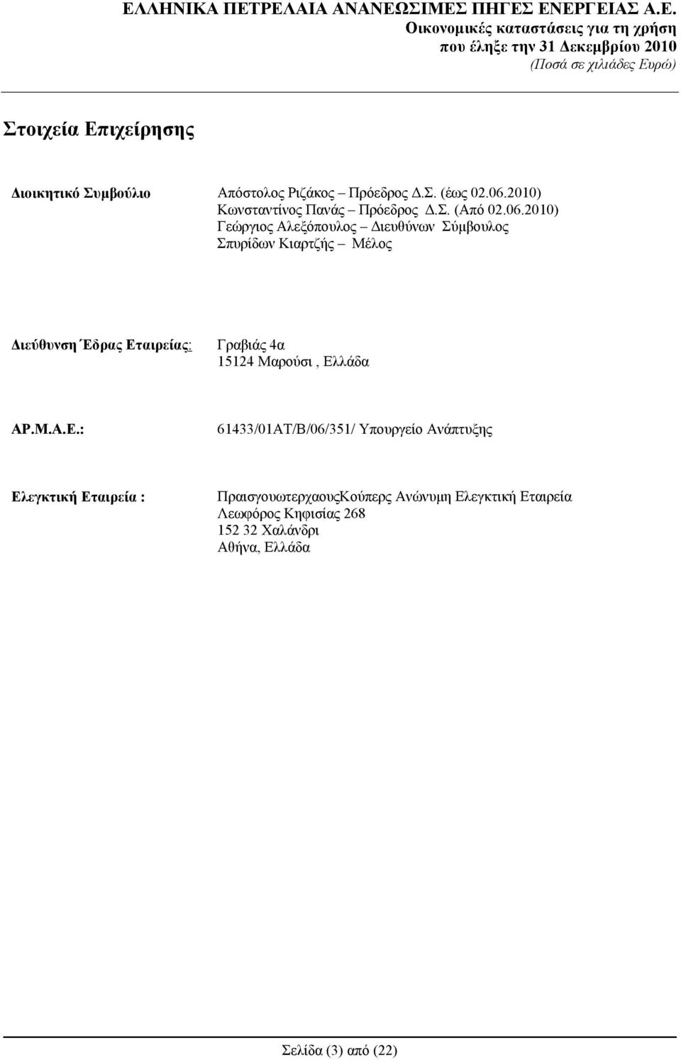 2010) Γεώργιος Αλεξόπουλος Διευθύνων Σύμβουλος Σπυρίδων Κιαρτζής Μέλος Διεύθυνση Έδρας Εταιρείας: Γραβιάς 4α 15124