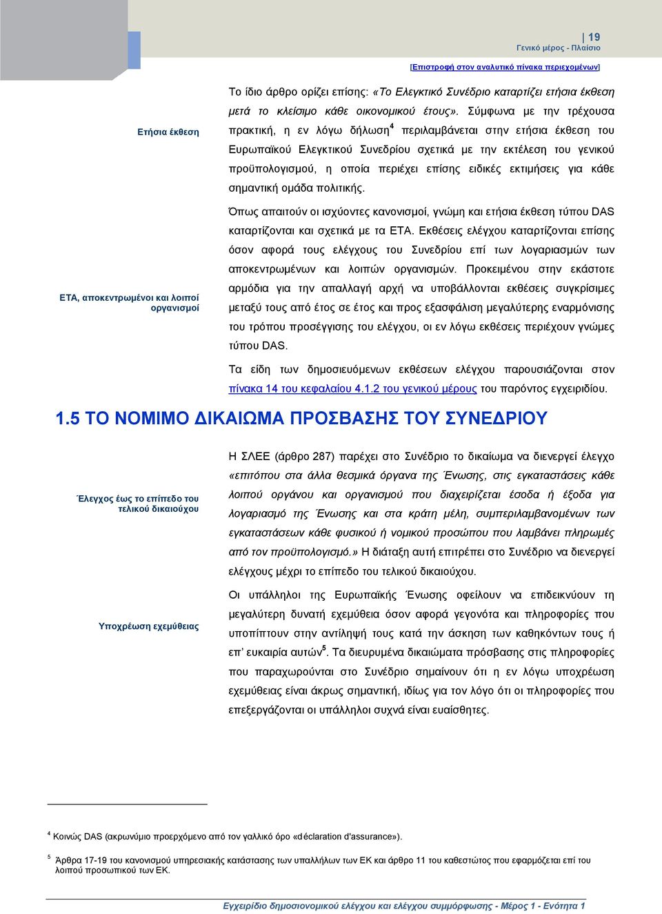 ειδικές εκτιμήσεις για κάθε σημαντική ομάδα πολιτικής. Όπως απαιτούν οι ισχύοντες κανονισμοί, γνώμη και ετήσια έκθεση τύπου DAS καταρτίζονται και σχετικά με τα ΕΤΑ.