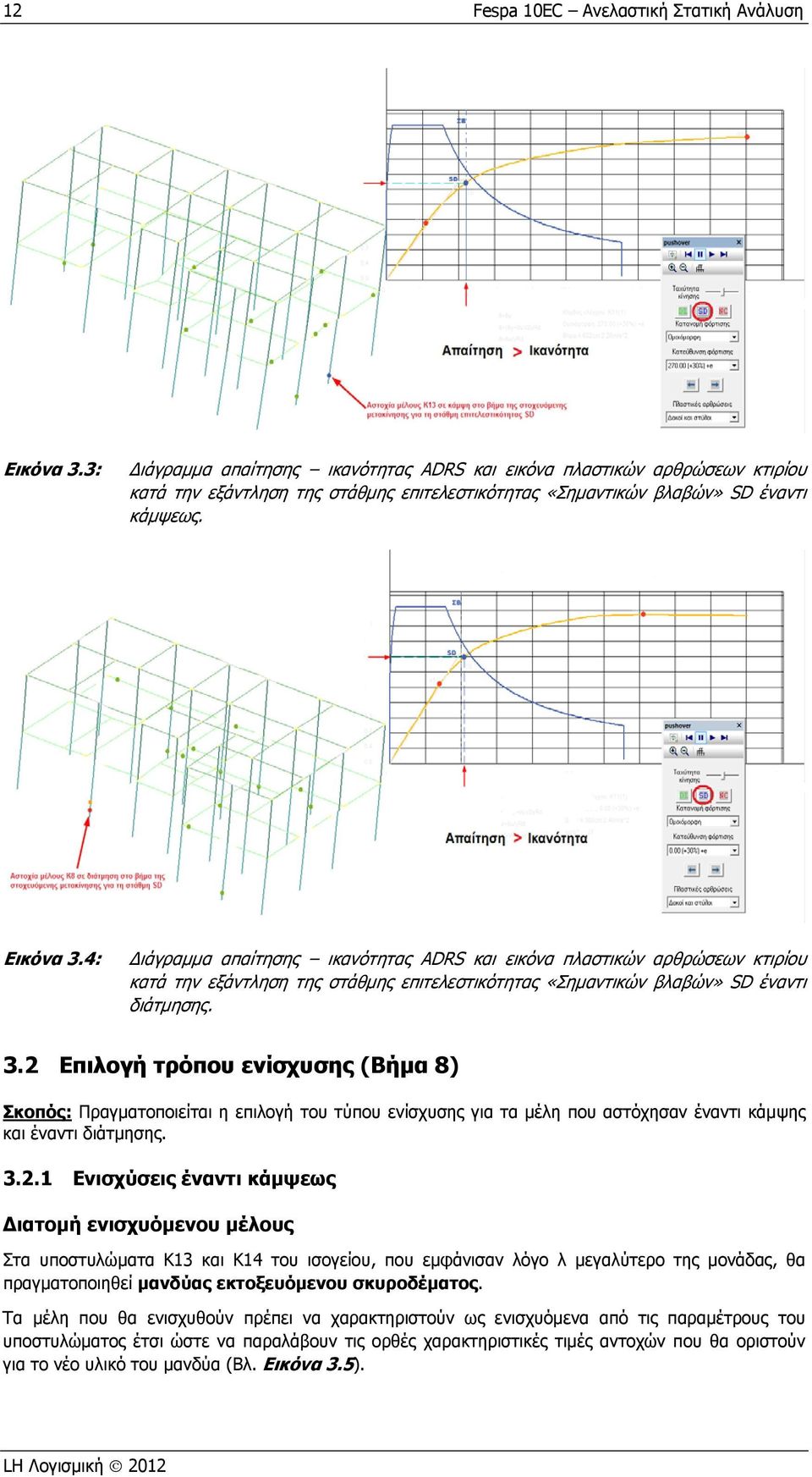 4: ιάγραμμα απαίτησης ικανότητας ADRS και εικόνα πλαστικών αρθρώσεων κτιρίου κατά την εξάντληση της στάθμης επιτελεστικότητας «Σημαντικών βλαβών» SD έναντι διάτμησης. 3.