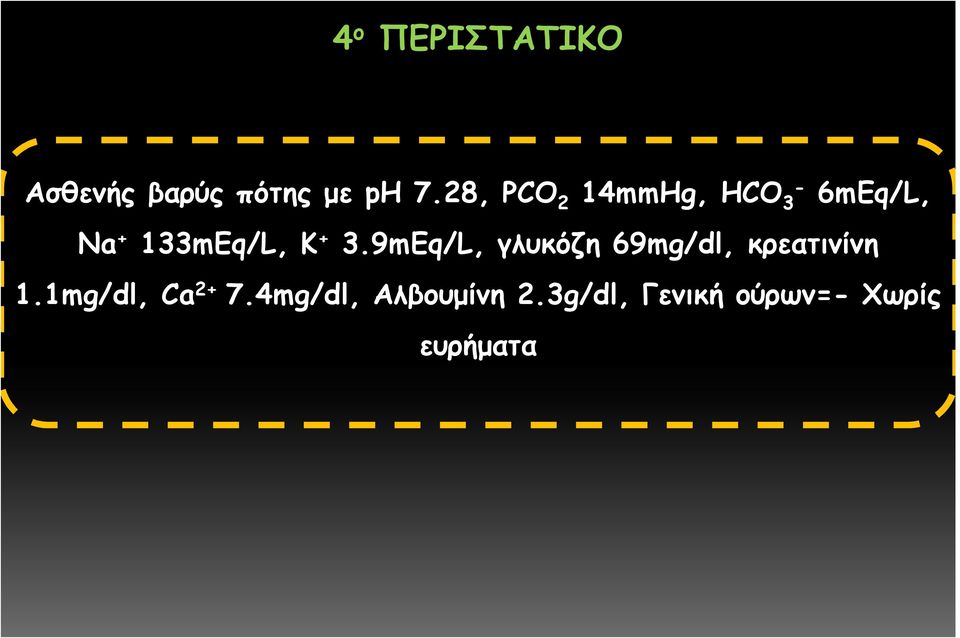 3.9mEq/L, γλυκόζη 69mg/dl, κρεατινίνη 1.