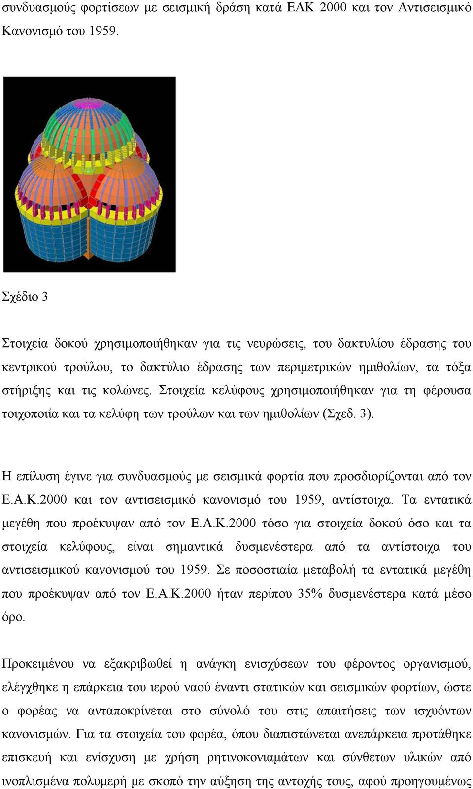 Στοιχεία κελύφους χρησιμοποιήθηκαν για τη φέρουσα τοιχοποιία και τα κελύφη των τρούλων και των ημιθολίων (Σχεδ. 3). Η επίλυση έγινε για συνδυασμούς με σεισμικά φορτία που προσδιορίζονται από τον Ε.Α.