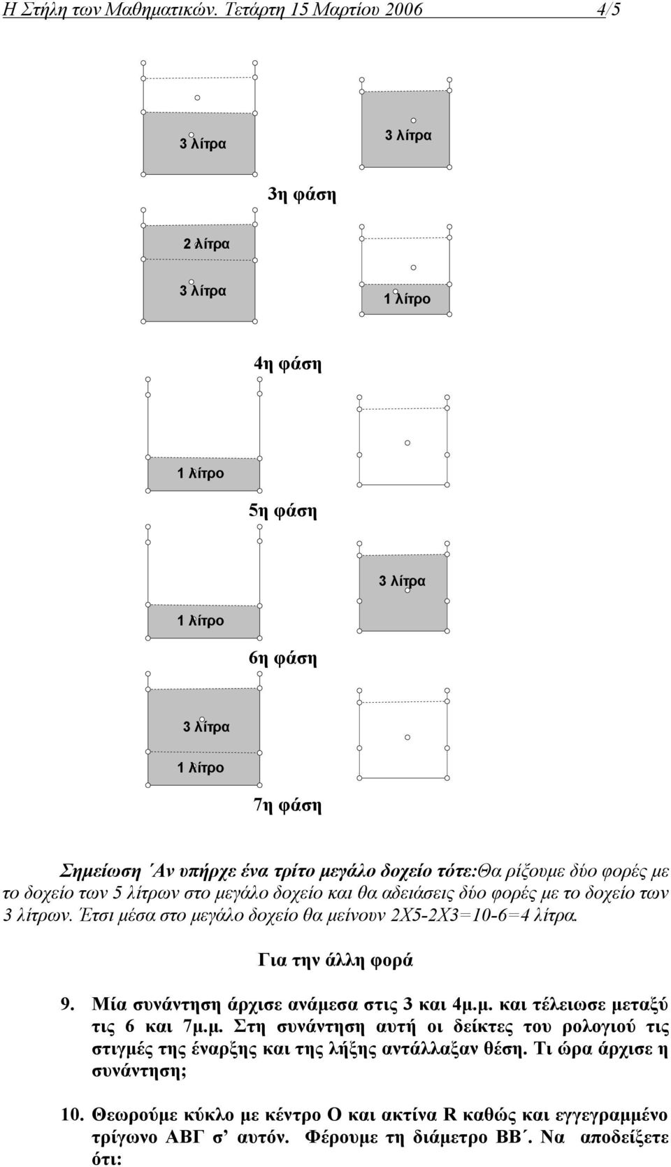 στο μεγάλο δοχείο και θα αδειάσεις δύο φορές με το δοχείο των 3 λίτρων. Έτσι μέσα στο μεγάλο δοχείο θα μείνουν 2Χ5-2Χ3=10-6=4 λίτρα. Για την άλλη φορά 9.