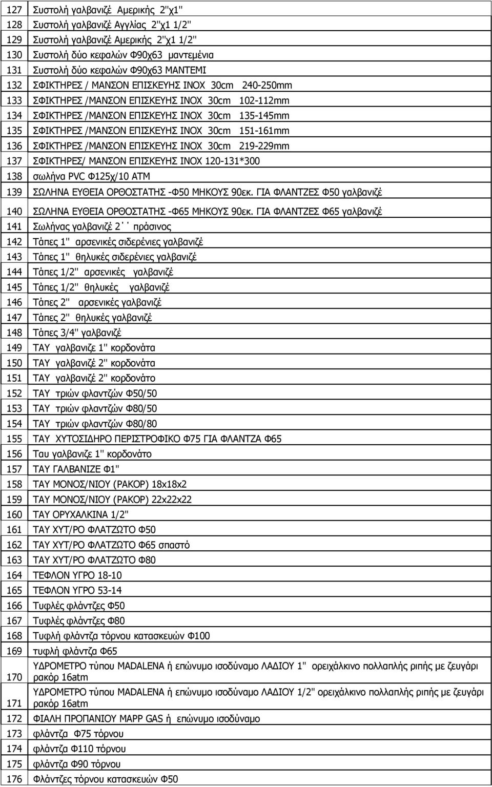 ΙΝΟΧ 30cm 151-161mm 136 ΣΦΙΚΤΗΡΕΣ /ΜΑΝΣΟΝ ΕΠΙΣΚΕΥΗΣ ΙΝΟΧ 30cm 219-229mm 137 ΣΦΙΚΤΗΡΕΣ/ ΜΑΝΣΟΝ ΕΠΙΣΚΕΥΗΣ ΙΝΟΧ 120-131*300 138 σωλήνα PVC Φ125χ/10 ΑΤΜ 139 ΣΩΛΗΝΑ ΕΥΘΕΙΑ ΟΡΘΟΣΤΑΤΗΣ -Φ50 ΜΗΚΟΥΣ 90εκ.