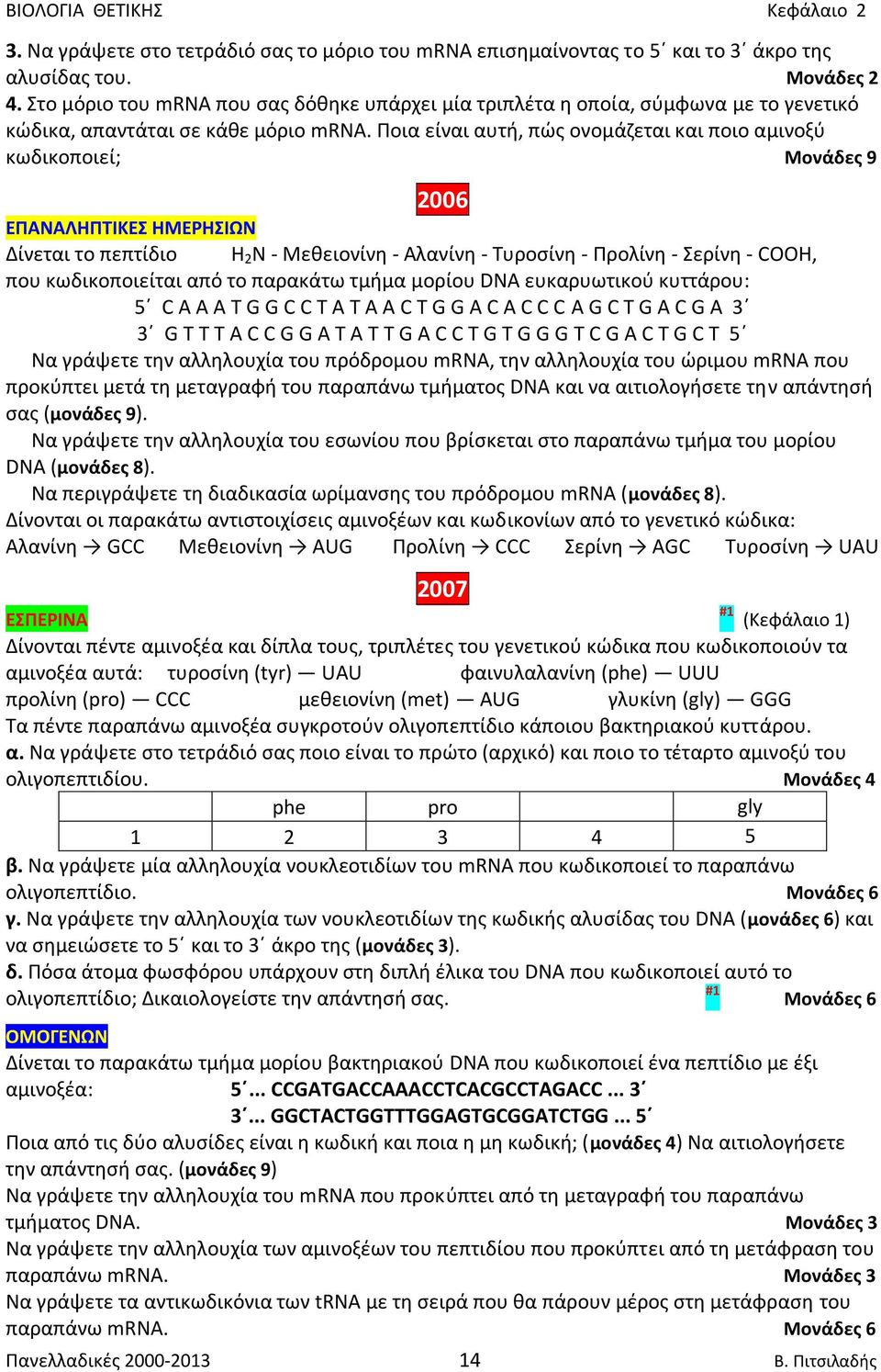 Ποια είναι αυτή, πώς ονομάζεται και ποιο αμινοξύ κωδικοποιεί; Μονάδες 9 2006 Δίνεται το πεπτίδιο H 2 N - Μεθειονίνη - Αλανίνη - Τυροσίνη - Προλίνη - Σερίνη - COOH, που κωδικοποιείται από το παρακάτω