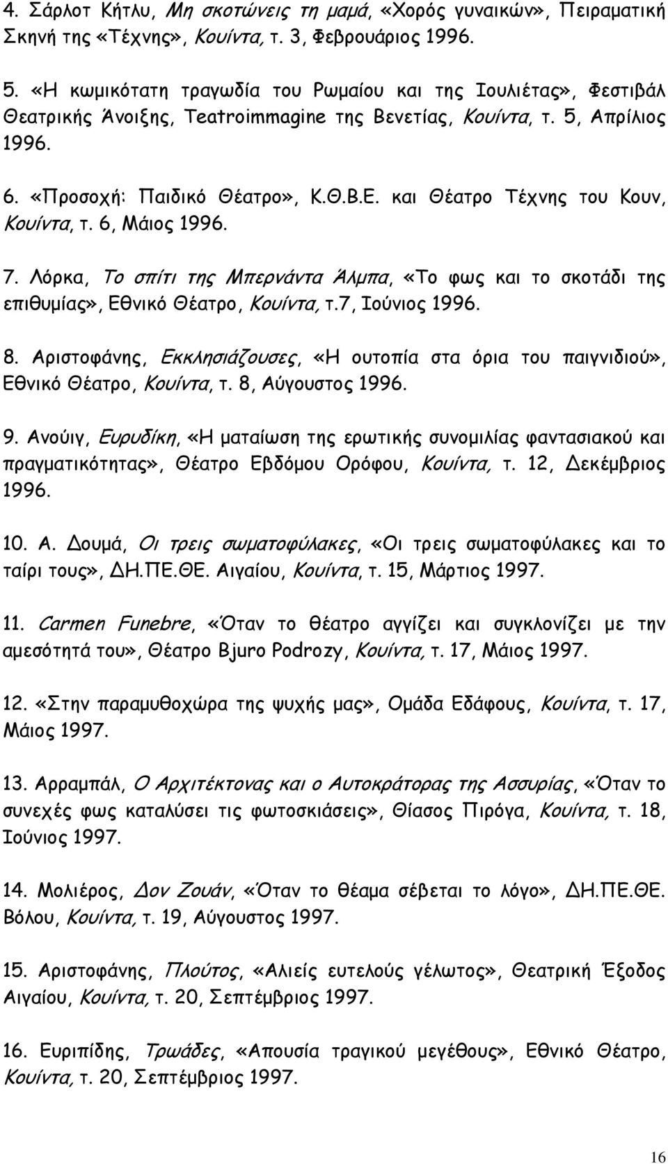 και Θέατρο Τέχνης του Κουν, Κουίντα, τ. 6, Μάιος 1996. 7. Λόρκα, Το σπίτι της Μπερνάντα Άλμπα, «Το φως και το σκοτάδι της επιθυμίας», Εθνικό Θέατρο, Κουίντα, τ.7, Ιούνιος 1996. 8.