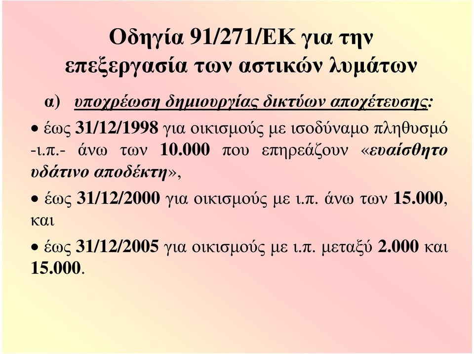 000 που επηρεάζουν «ευαίσθητο υδάτινο αποδέκτη», έως 3/2/2000 για οικισμούς με ι.