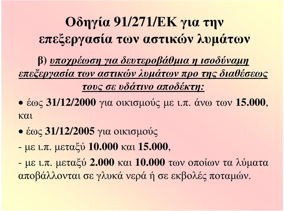 οικισμούς με ι.π. άνω των 5.000, και έως 3/2/2005 για οικισμούς - με ι.π. μεταξύ 0.000 και 5.