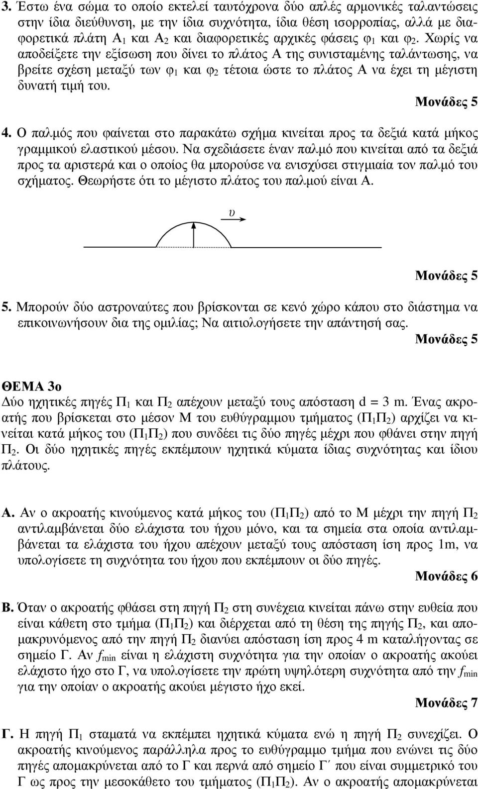 Χωρίς να αποδείξετε την εξίσωση που δίνει το πλάτος Α της συνισταµένης ταλάντωσης, να βρείτε σχέση µεταξύ των φ 1 και φ 2 τέτοια ώστε το πλάτος Α να έχει τη µέγιστη δυνατή τιµή του. 4.