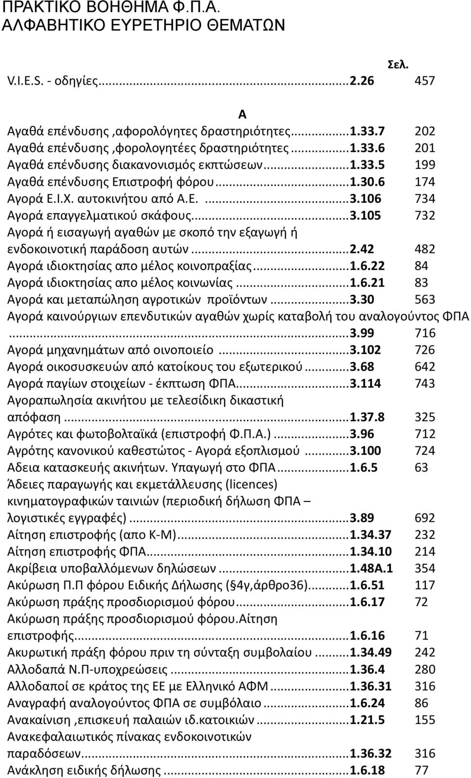 ..2.42 482 Αγορά ιδιοκτησίας απο μέλος κοινοπραξίας...1.6.22 84 Αγορά ιδιοκτησίας απο μέλος κοινωνίας...1.6.21 83 Αγορά και μεταπώληση αγροτικών προϊόντων...3.30 563 Αγορά καινούργιων επενδυτικών αγαθών χωρίς καταβολή του αναλογούντος ΦΠΑ.