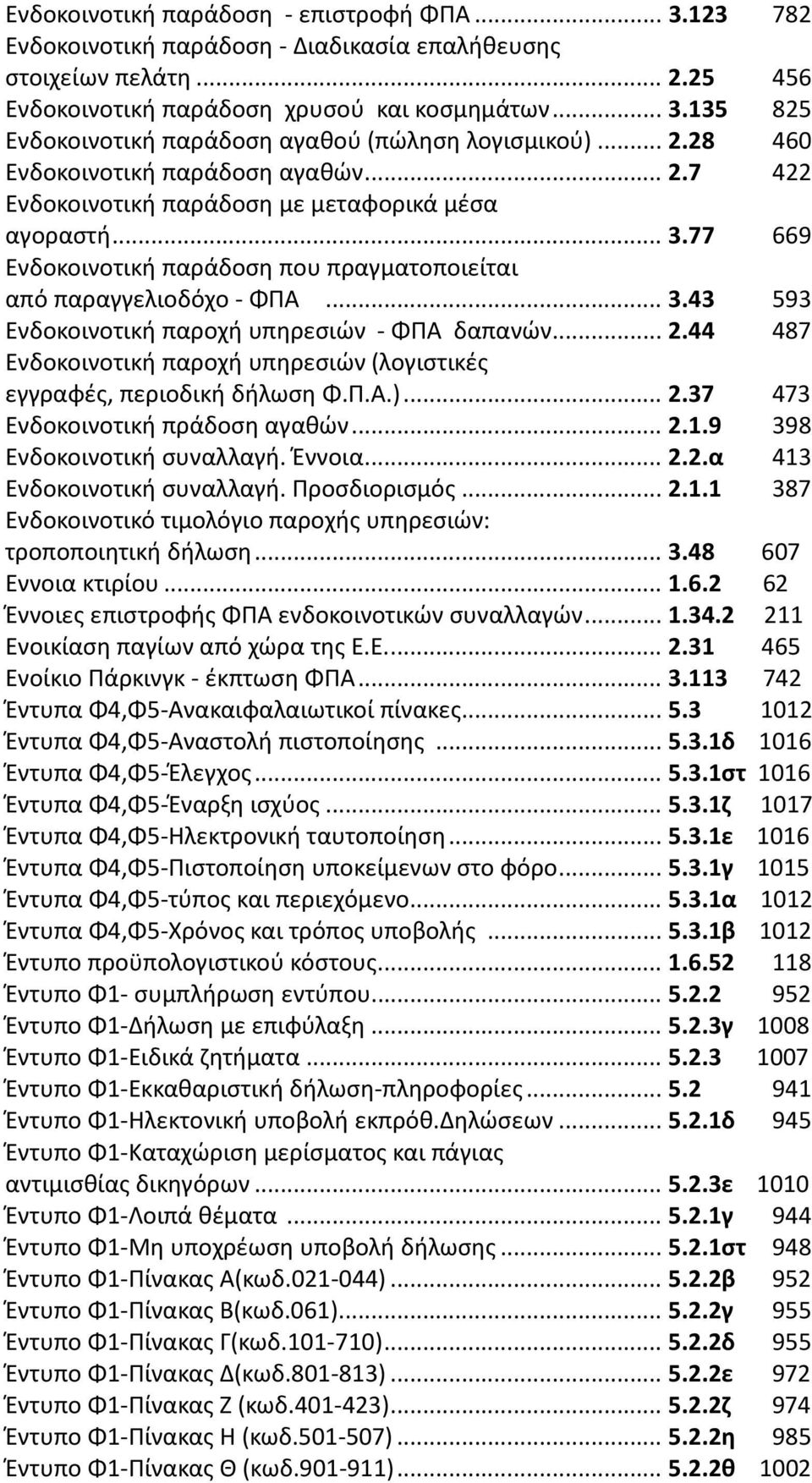 ..2.44 487 Ενδοκοινοτική παροχή υπηρεσιών (λογιστικές εγγραφές, περιοδική δήλωση Φ.Π.Α.)...2.37 473 Ενδοκοινοτική πράδοση αγαθών...2.1.9 398 Ενδοκοινοτική συναλλαγή. Έννοια...2.2.α 413 Ενδοκοινοτική συναλλαγή.