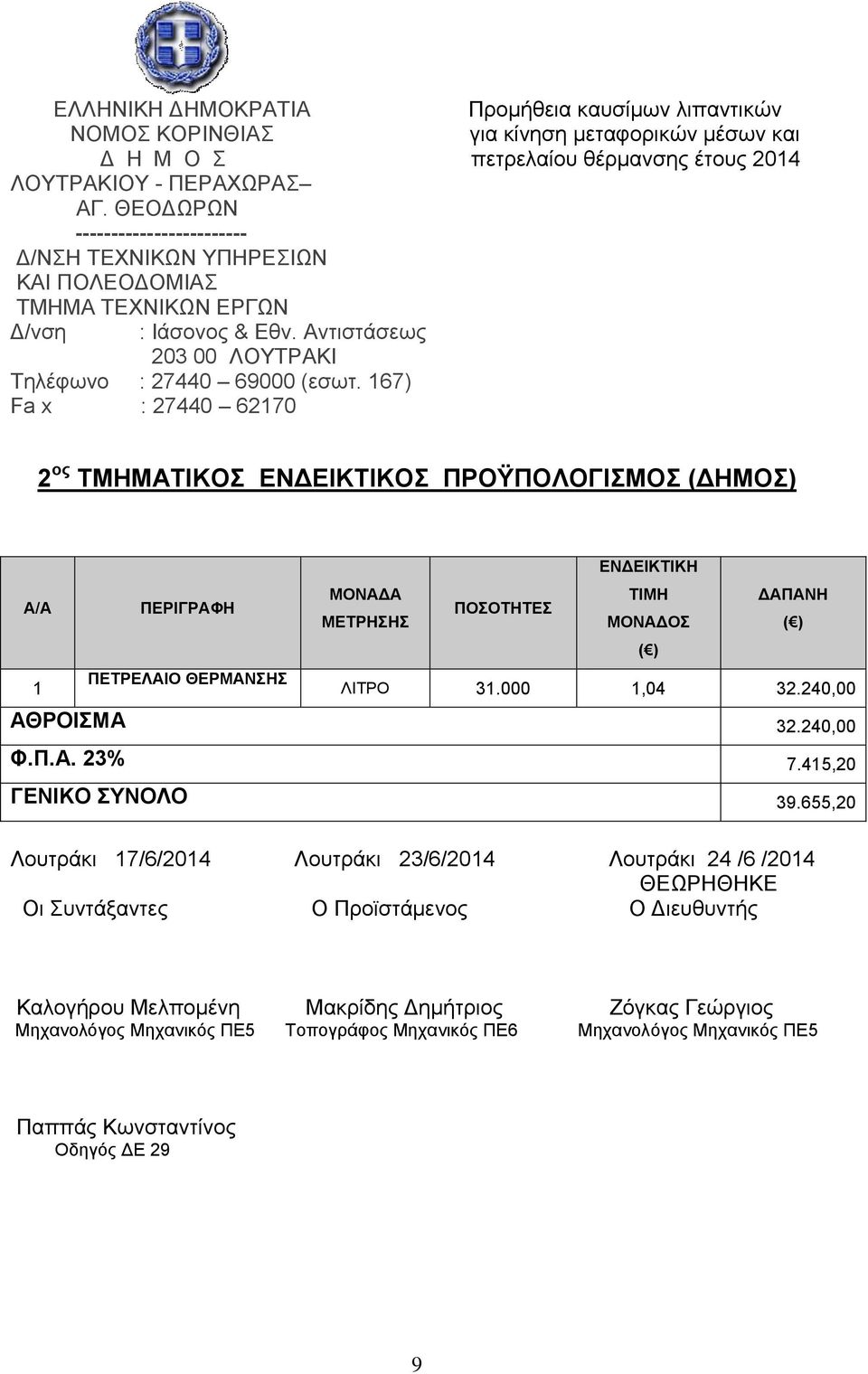 240,00 ΑΘΡΟΙΣΜΑ 32.240,00 Φ.Π.Α. 23% 7.415,20 ΓΕΝΙΚΟ ΣΥΝΟΛΟ 39.