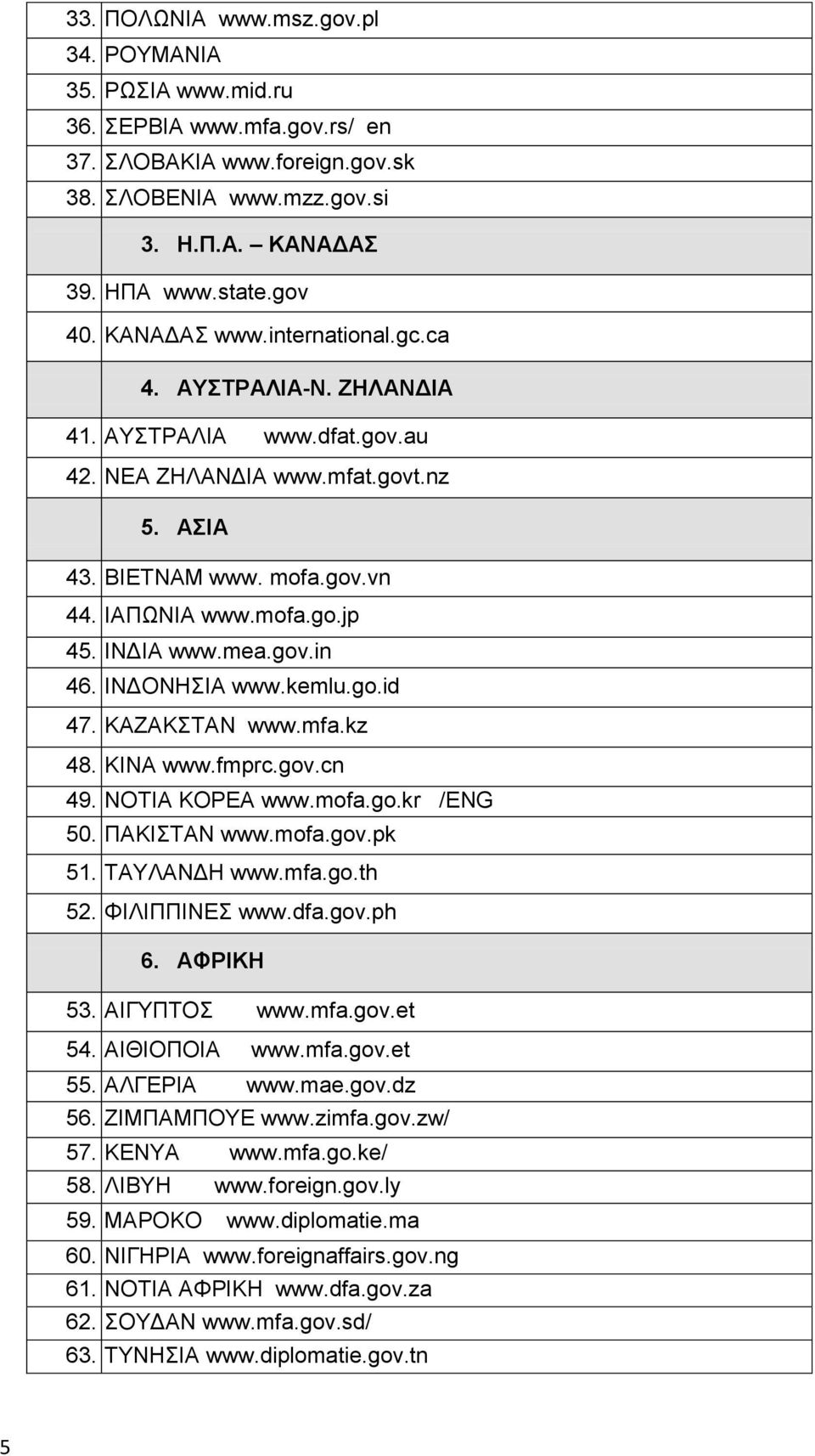 mea.gov.in 46. ΙΝΔΟΝΗΣΙΑ www.kemlu.go.id 47. ΚΑΖΑΚΣΤΑΝ www.mfa.kz 48. ΚΙΝΑ www.fmprc.gov.cn 49. ΝΟΤΙΑ ΚΟΡΕΑ www.mofa.go.kr /ENG 50. ΠΑΚΙΣΤΑΝ www.mofa.gov.pk 51. ΤΑΥΛΑΝΔΗ www.mfa.go.th 52.