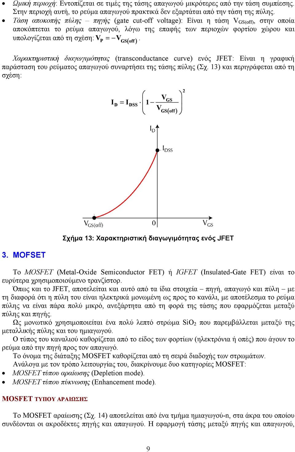 ). GS off Χαρακτηριστική διαγωγιµότητας (transconductance curve) ενός JFET: Eίναι η γραφική παράσταση του ρεύµατος απαγωγού συναρτήσει της τάσης πύλης (Σχ.