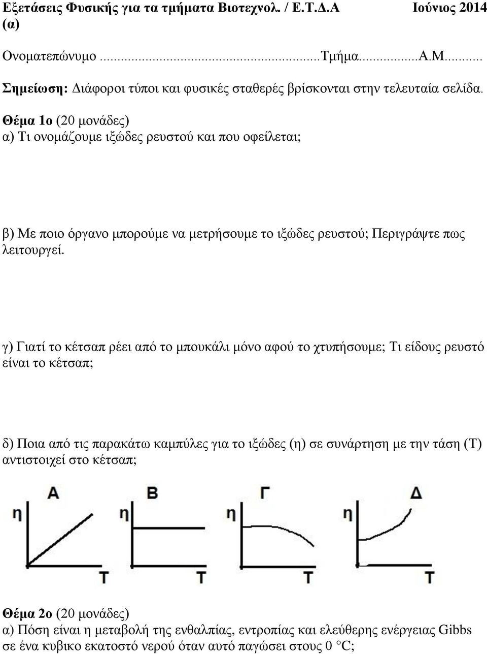 Θέμα 1ο (20 μονάδες) α) Τι ονομάζουμε ιξώδες ρευστού και που οφείλεται; β) Με ποιο όργανο μπορούμε να μετρήσουμε το ιξώδες ρευστού; Περιγράψτε πως λειτουργεί.