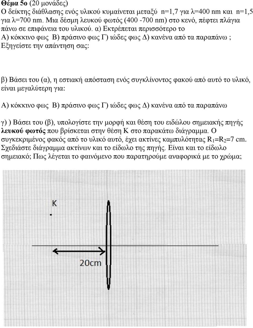 α) Εκτρέπεται περισσότερο το Α) κόκκινο φως Β) πράσινο φως Γ) ιώδες φως Δ) κανένα από τα παραπάνω ; Εξηγείστε την απάντηση σας: β) Βάσει του (α), η εστιακή απόσταση ενός συγκλίνοντος φακού από αυτό