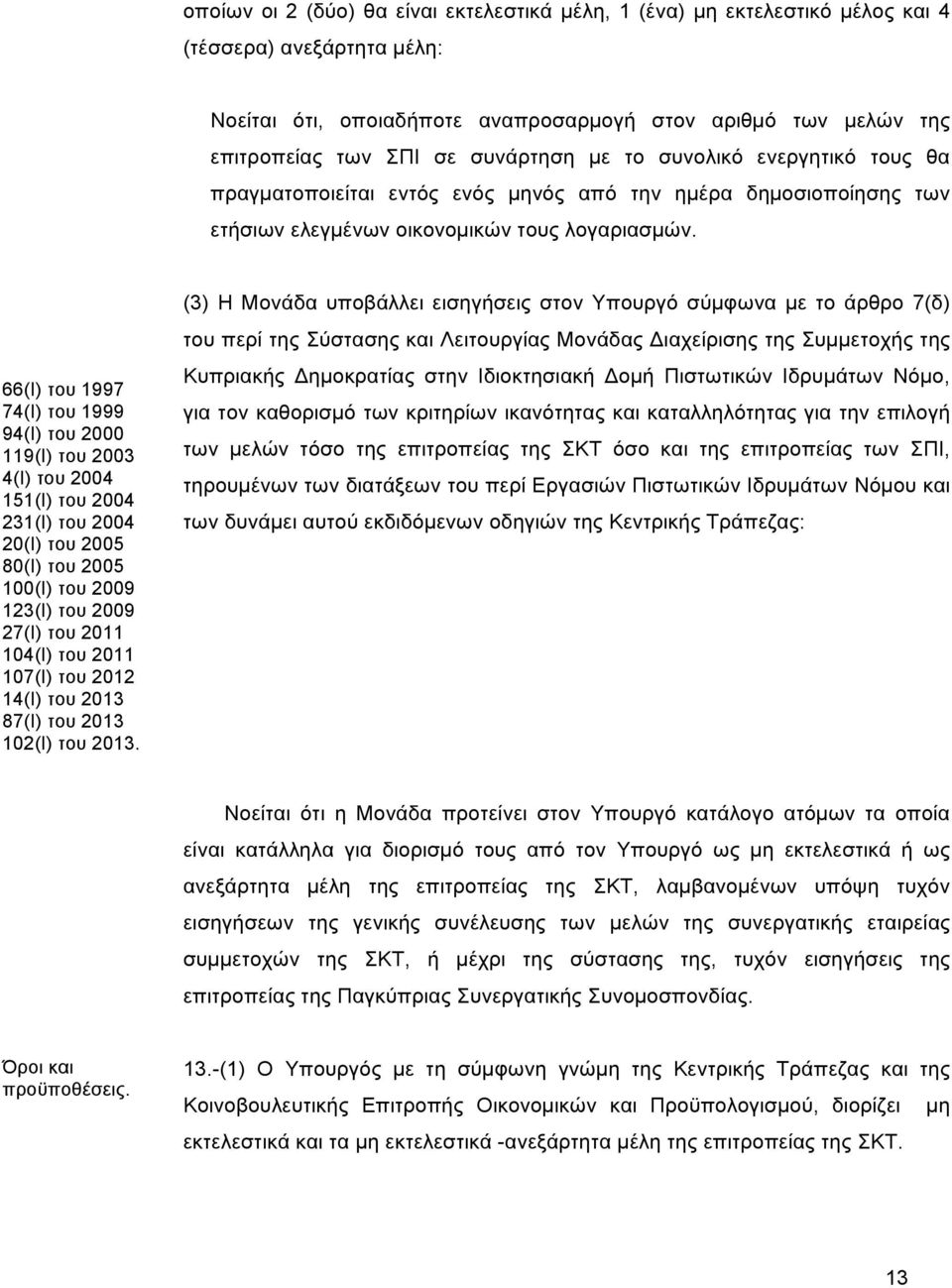 66(Ι) του 1997 74(Ι) του 1999 94(Ι) του 2000 119(Ι) του 2003 4(Ι) του 2004 151(Ι) του 2004 231(Ι) του 2004 20(Ι) του 2005 80(Ι) του 2005 100(Ι) του 2009 123(Ι) του 2009 27(Ι) του 2011 104(Ι) του 2011