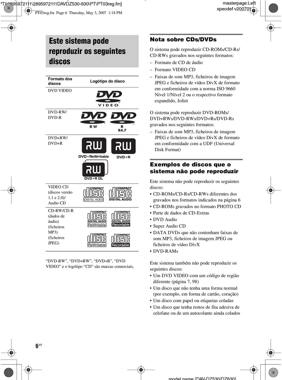 O sistema pode reproduzir CD-ROMs/CD-Rs/ CD-RWs gravados nos seguintes formatos: Formato de CD de áudio Formato VIDEO CD Faixas de som MP3, ficheiros de imagem JPEG e ficheiros de vídeo DivX de