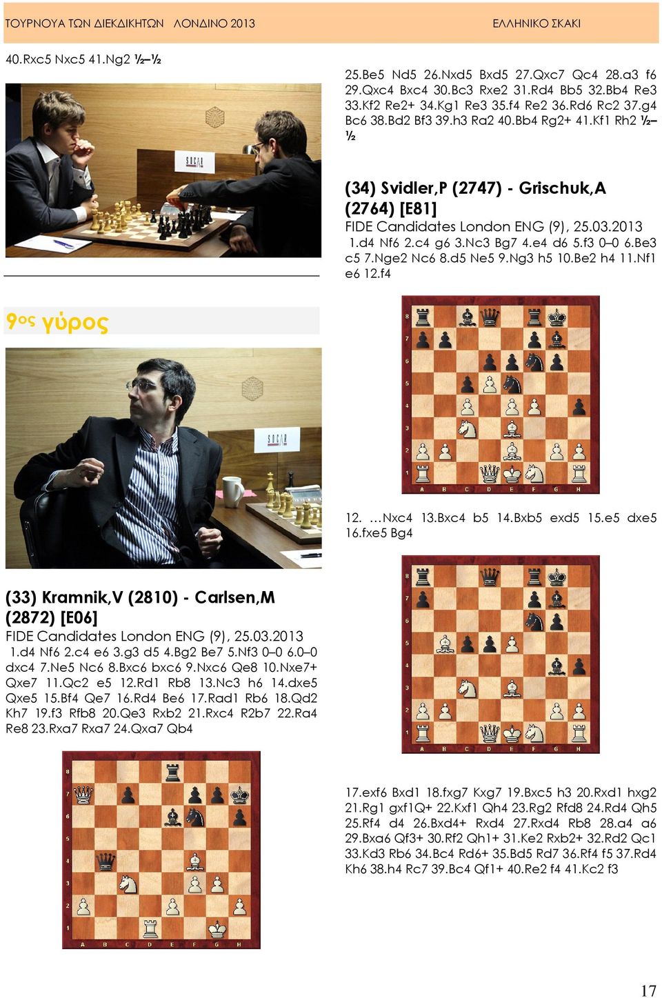 Be2 h4 11.Nf1 e6 12.f4 9 ος γύρος 12. Nxc4 13.Bxc4 b5 14.Bxb5 exd5 15.e5 dxe5 16.fxe5 Bg4 (33) Kramnik,V (2810) - Carlsen,M (2872) [E06] FIDE Candidates London ENG (9), 25.03.2013 1.d4 Nf6 2.c4 e6 3.