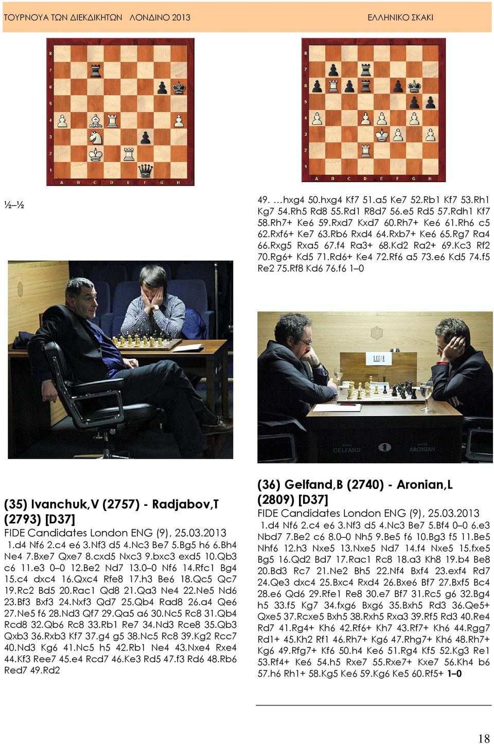 f6 1 0 (35) Ivanchuk,V (2757) - Radjabov,T (2793) [D37] FIDE Candidates London ENG (9), 25.03.2013 1.d4 Nf6 2.c4 e6 3.Nf3 d5 4.Nc3 Be7 5.Bg5 h6 6.Bh4 Ne4 7.Bxe7 Qxe7 8.cxd5 Nxc3 9.bxc3 exd5 10.