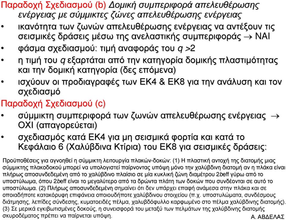 ΕΚ4 & ΕΚ8 για την ανάλυση και τον σχεδιασμό Παραδοχή Σχεδιασμού (c) σύμμικτη συμπεριφορά των ζωνών απελευθέρωσης ενέργειας ΟΧΙ (απαγορεύεται) σχεδιασμός κατά ΕΚ4 για μη σεισμικά φορτία και κατά το