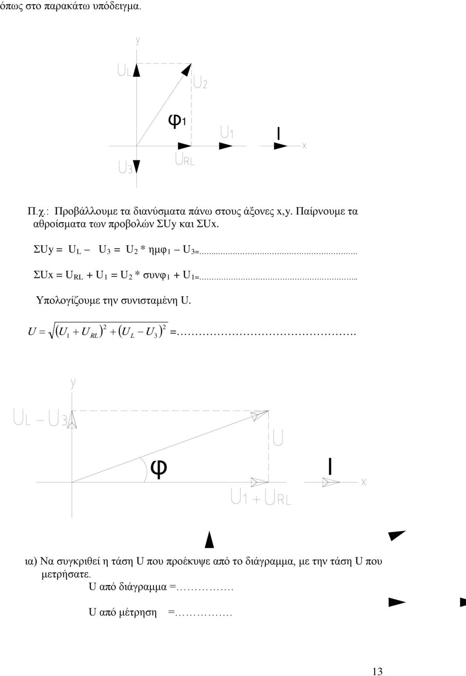 . ΣUx = U L + U 1 = U 2 * συνφ 1 + U 1=.. Υπολογίζουμε την συνισταμένη U. 2 ( U + U ) + ( U ) 2 U = =.