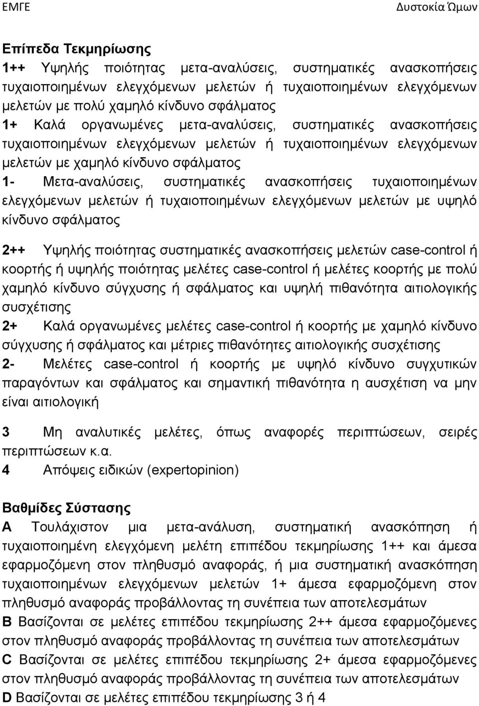 ανασκοπήσεις τυχαιοποιημένων ελεγχόμενων μελετών ή τυχαιοποιημένων ελεγχόμενων μελετών με υψηλό κίνδυνο σφάλματος 2++ Υψηλής ποιότητας συστηματικές ανασκοπήσεις μελετών case-control ή κοορτής ή