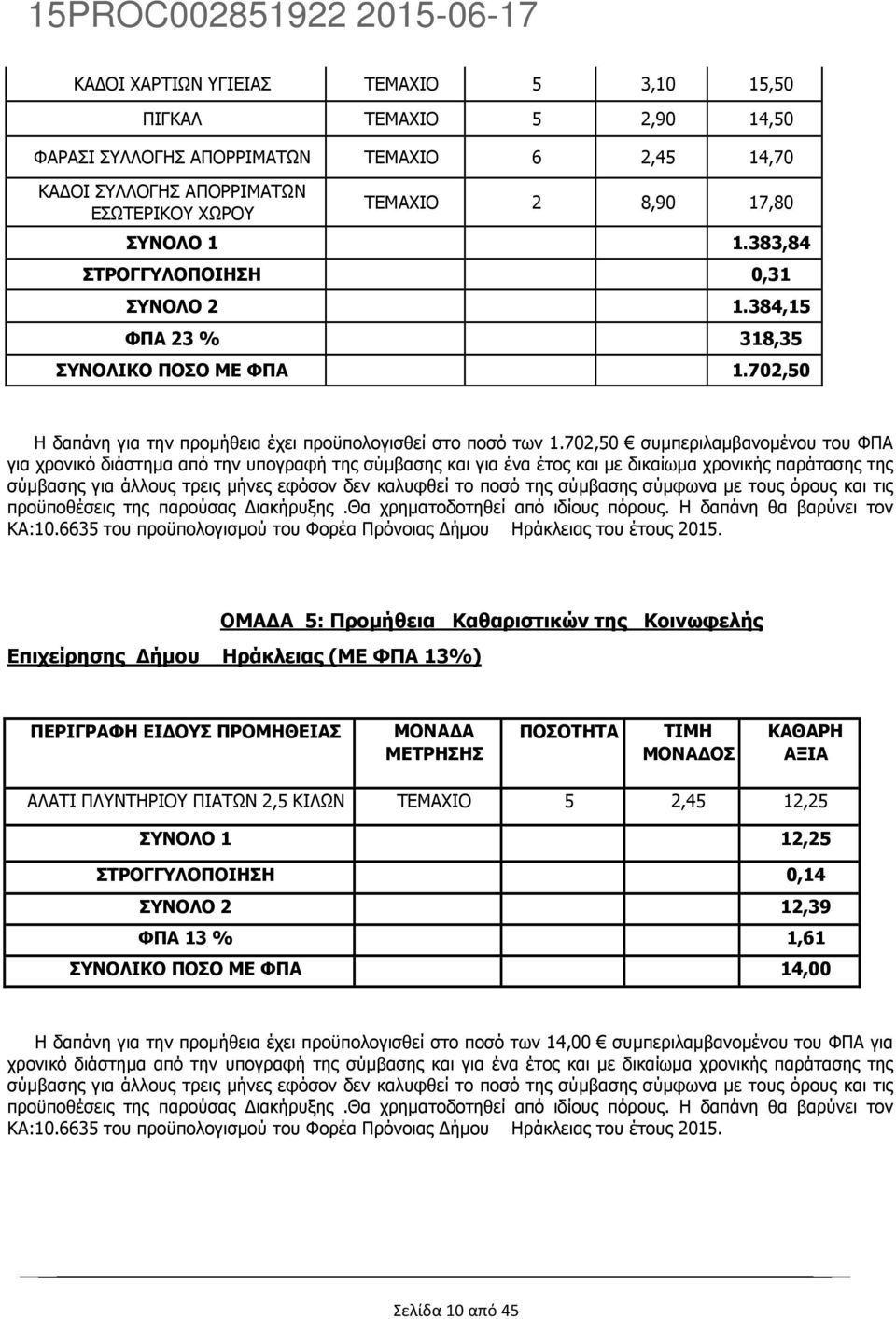 702,50 συµπεριλαµβανοµένου του ΦΠΑ για χρονικό διάστηµα από την υπογραφή της σύµβασης και για ένα έτος και µε δικαίωµα χρονικής παράτασης της σύµβασης για άλλους τρεις µήνες εφόσον δεν καλυφθεί το