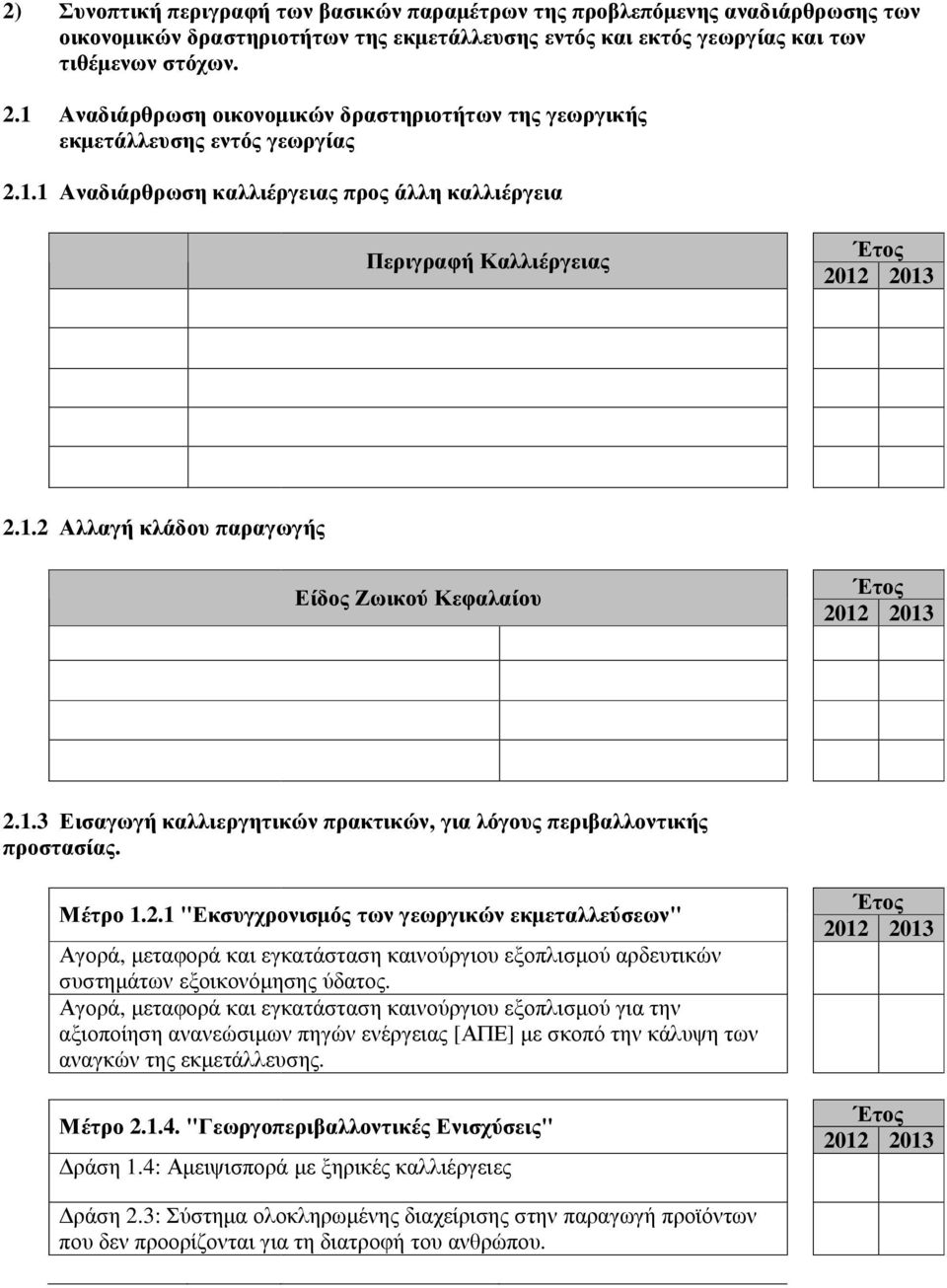 1.3 Εισαγωγή καλλιεργητικών πρακτικών, για λόγους περιβαλλοντικής προστασίας. Μέτρο 1.2.